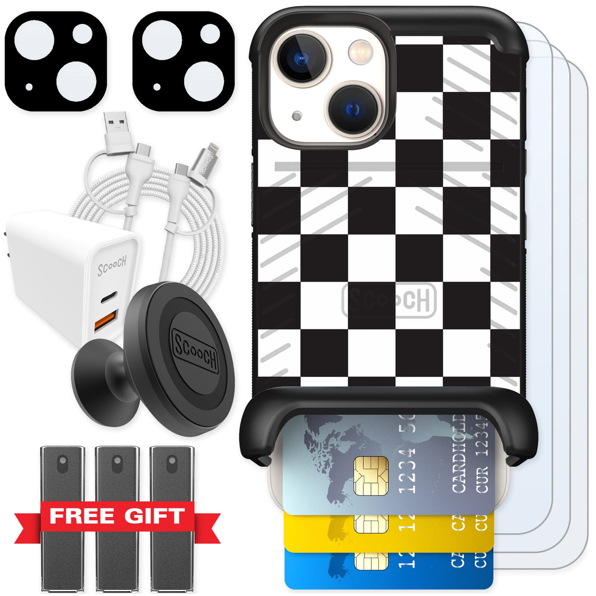 Scooch Wingmate Checkered for iPhone 13 mini — Ultimate Bundle