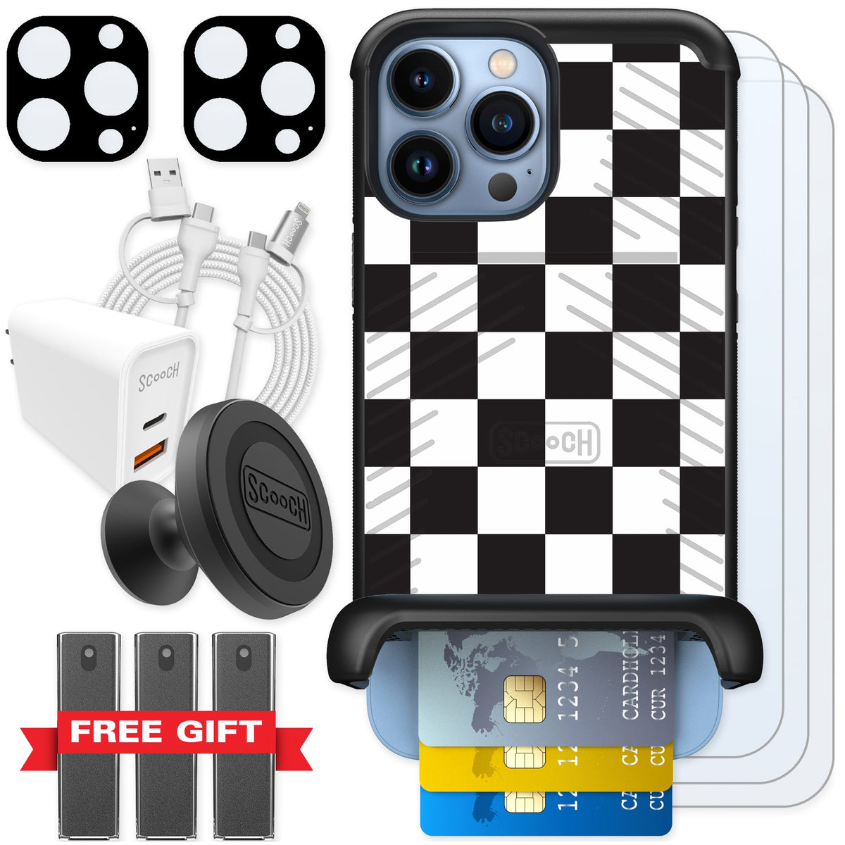 Scooch Wingmate Checkered for iPhone 13 Pro Max — Ultimate Bundle