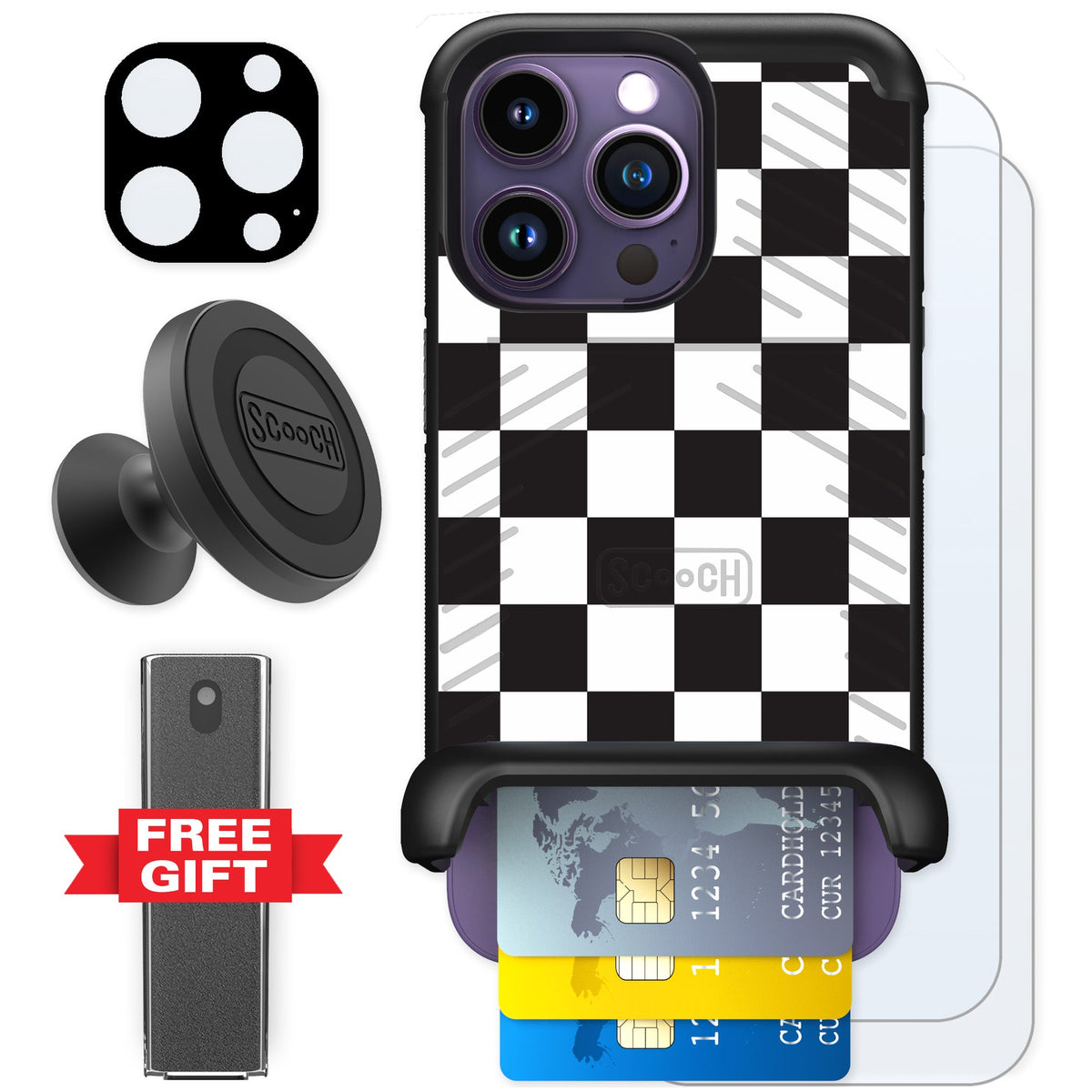 Scooch Wingmate Checkered for iPhone 14 Pro — Defender Bundle