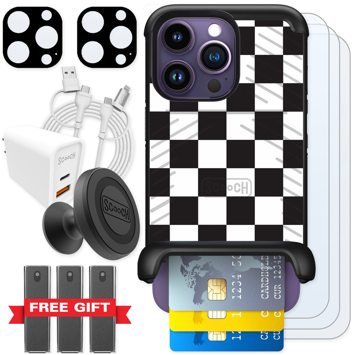 Scooch Wingmate Checkered for iPhone 14 Pro — Ultimate Bundle