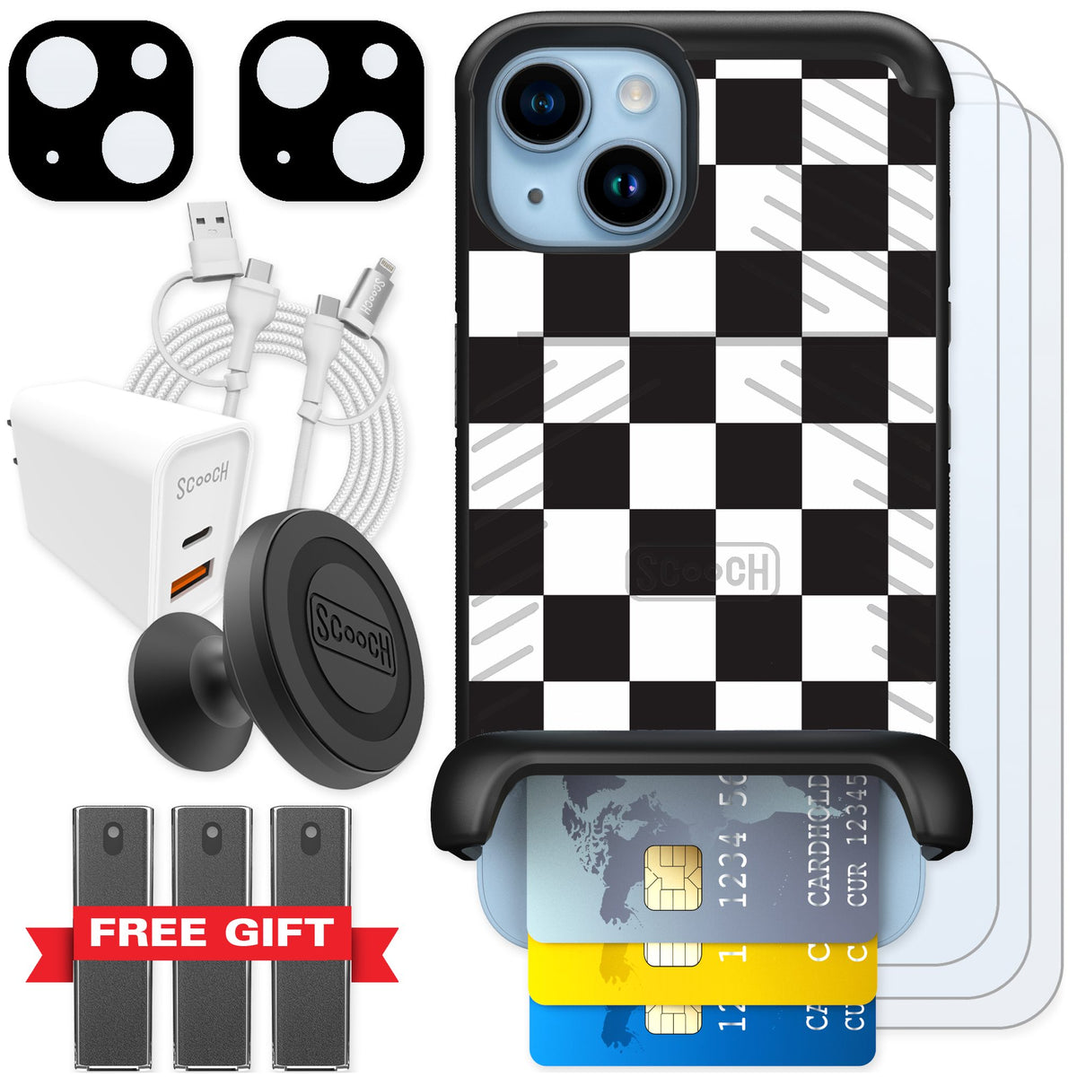 Scooch Wingmate Checkered for iPhone 14 — Ultimate Bundle