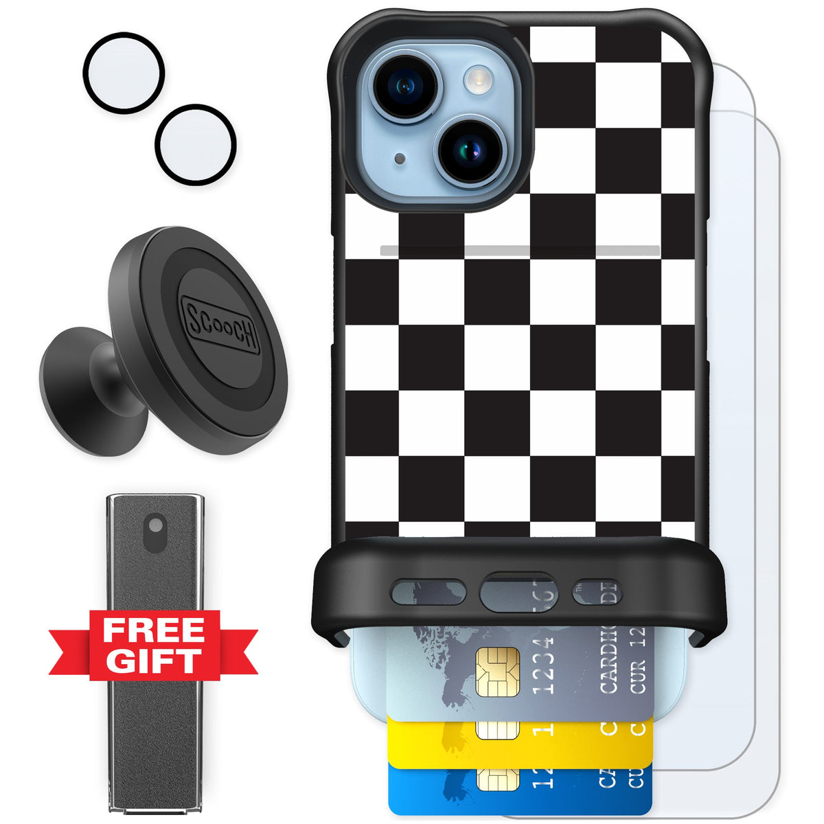 Scooch Wingmate Checkered for iPhone 15 — Defender Bundle