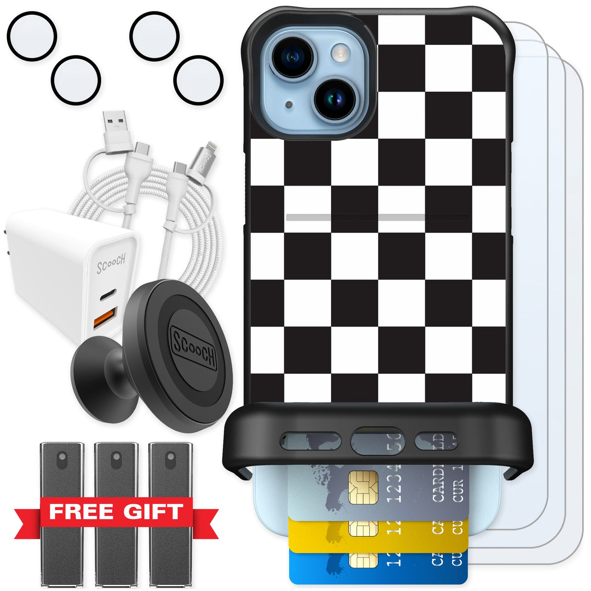 Scooch Wingmate Checkered for iPhone 14 Plus — Ultimate Bundle