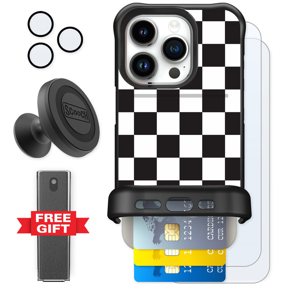 Scooch Wingmate Checkered for iPhone 15 Pro — Defender Bundle