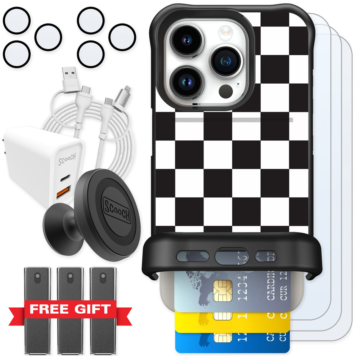 Scooch Wingmate Checkered for iPhone 15 Pro — Ultimate Bundle