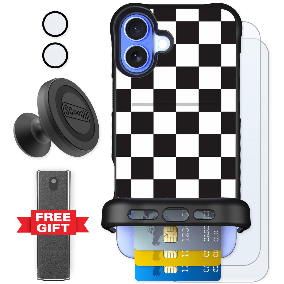 Scooch Wingmate Checkered for iPhone 16 Plus — Defender Bundle