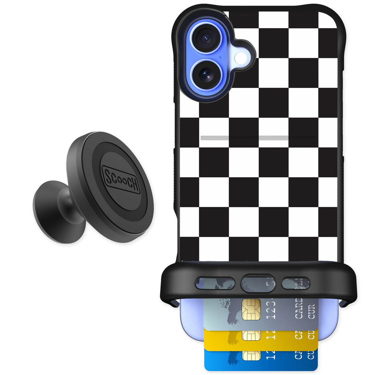 Scooch Wingmate Checkered for iPhone 16 Plus — Starter Bundle