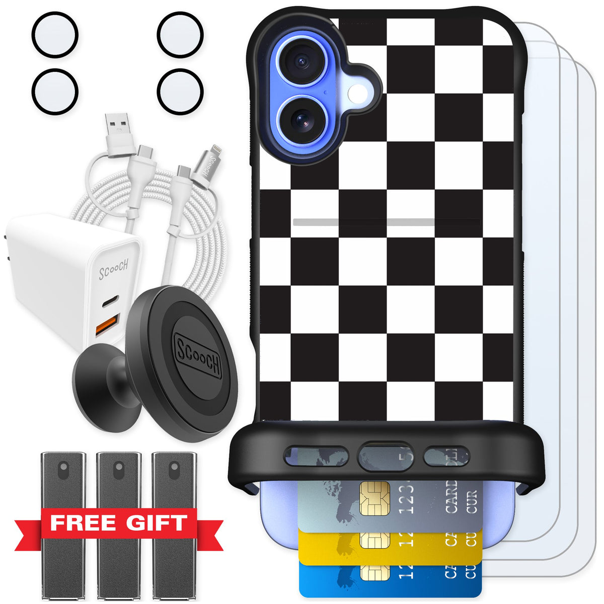 Scooch Wingmate Checkered for iPhone 16 Plus — Ultimate Bundle