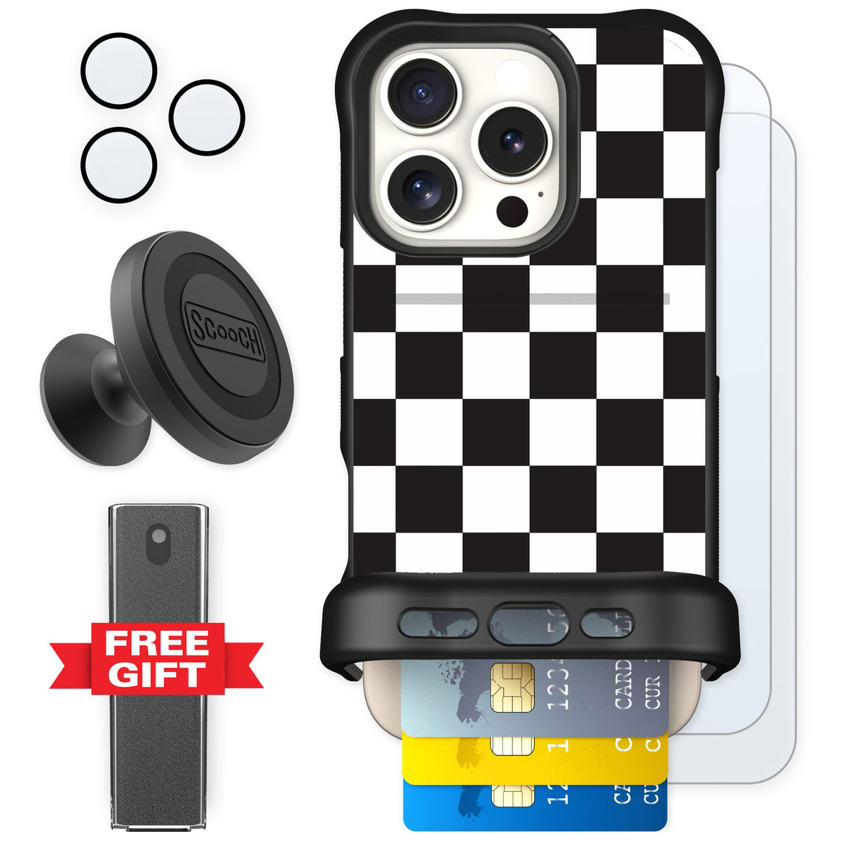 Scooch Wingmate Checkered for iPhone 16 Pro — Defender Bundle