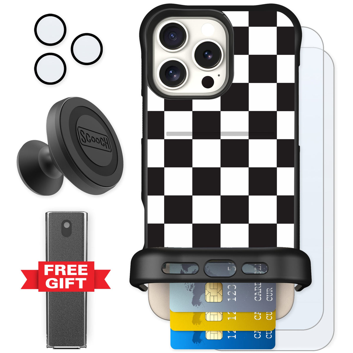 Scooch Wingmate Checkered for iPhone 16 Pro Max — Defender Bundle
