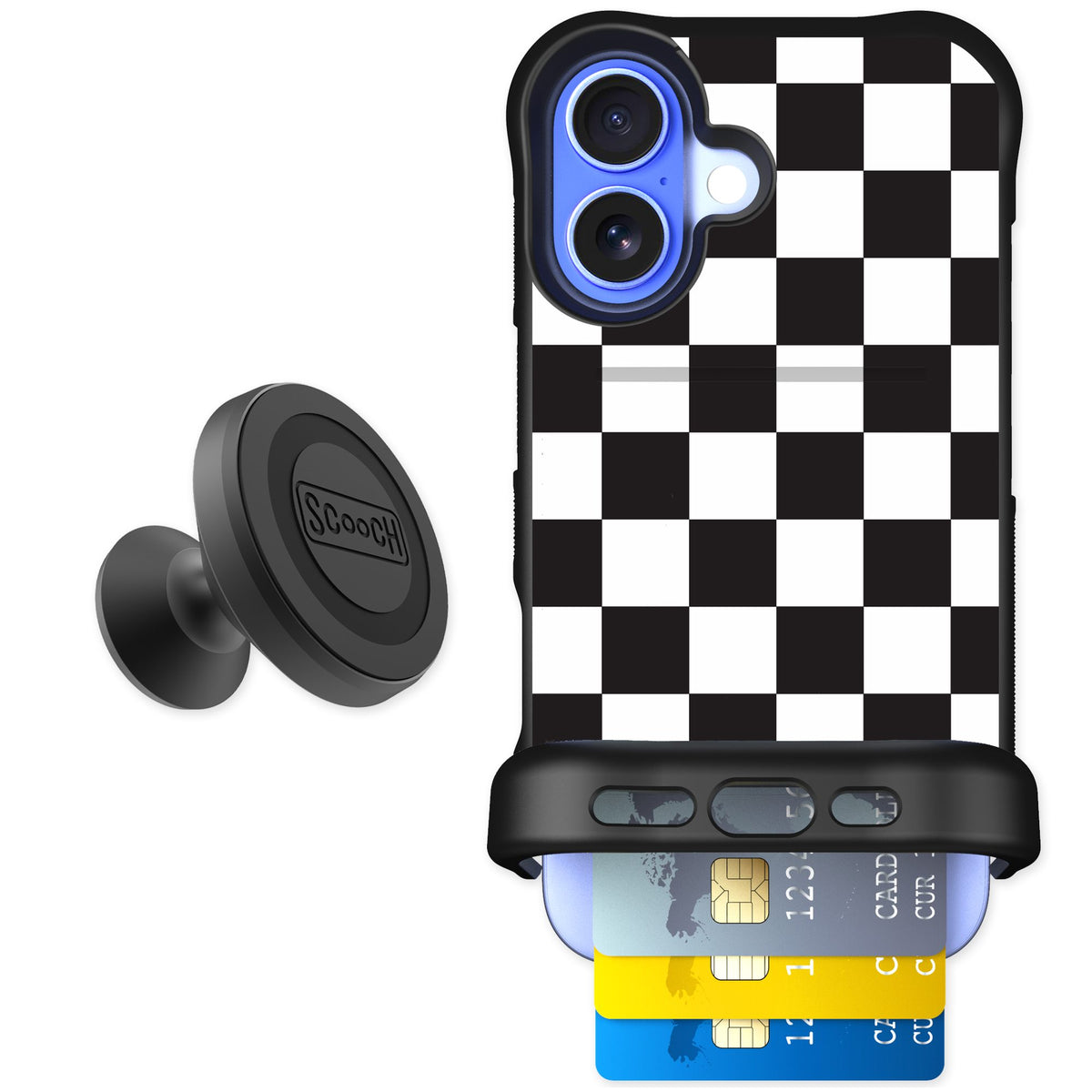 Scooch Wingmate Checkered for iPhone 16 — Starter Bundle