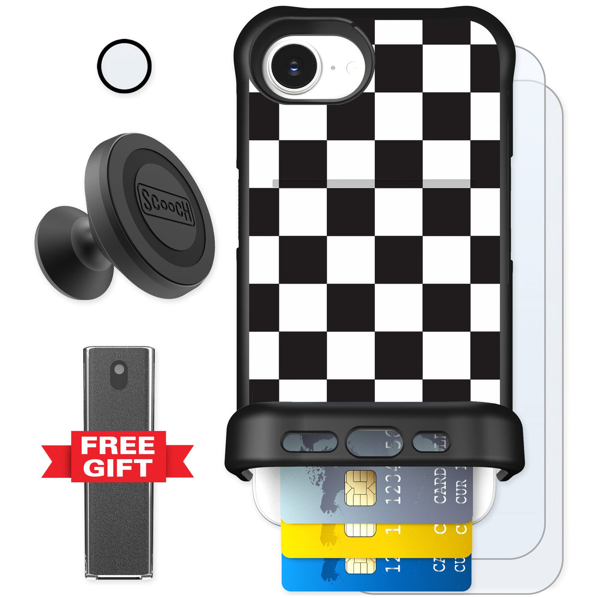 Scooch Wingmate Checkered for iPhone 16e — Defender Bundle