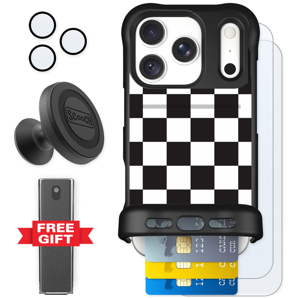 Scooch Wingmate Checkered for iPhone 18 Pro — Defender Bundle