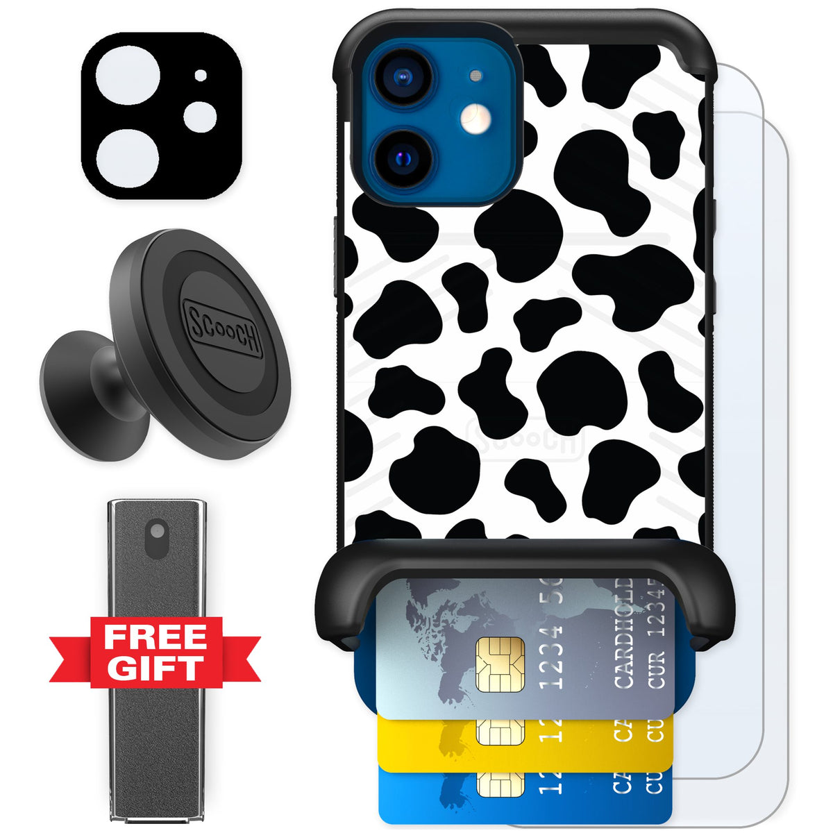 Scooch Wingmate Cow Print for iPhone 12 mini — Defender Bundle