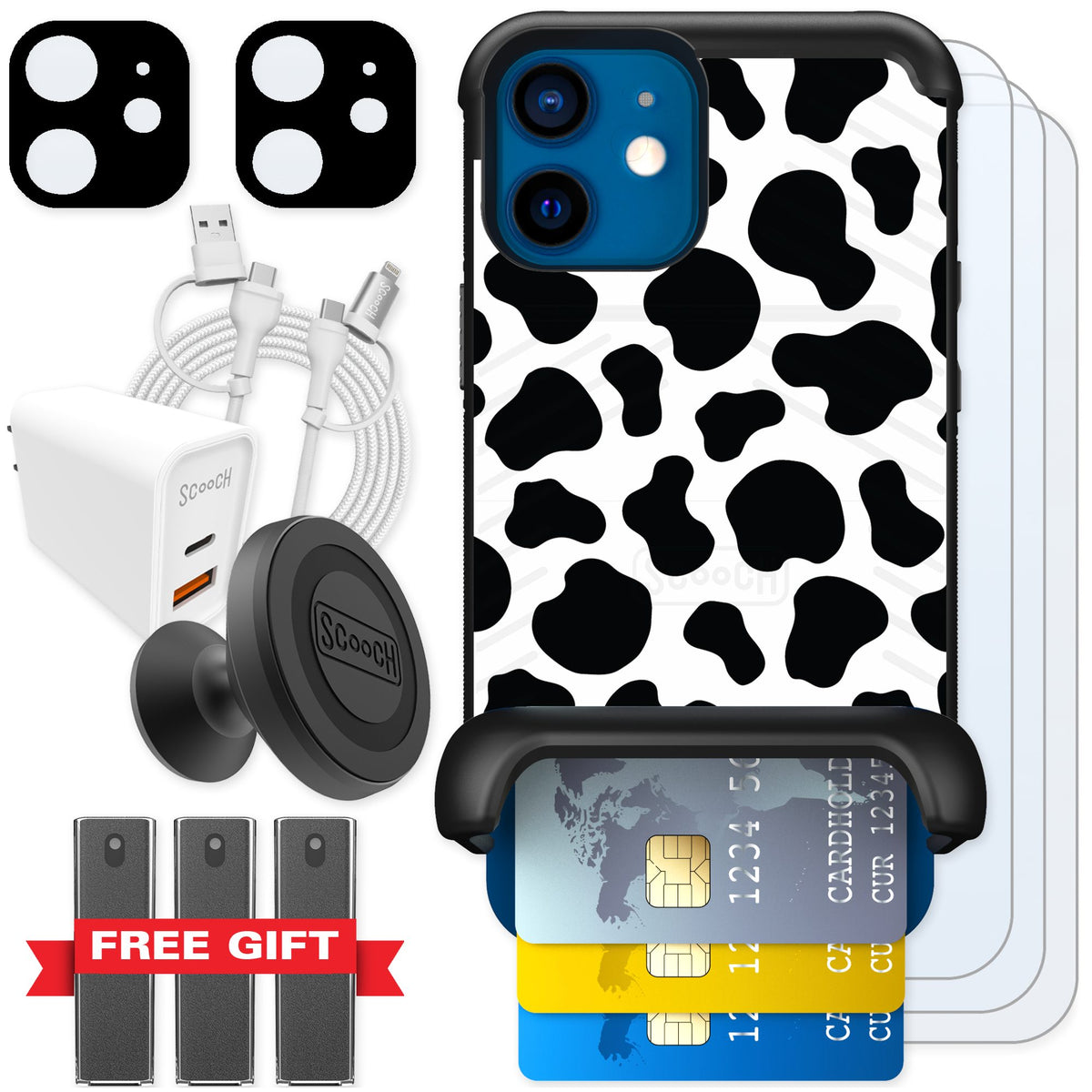 Scooch Wingmate Cow Print for iPhone 12 mini — Ultimate Bundle