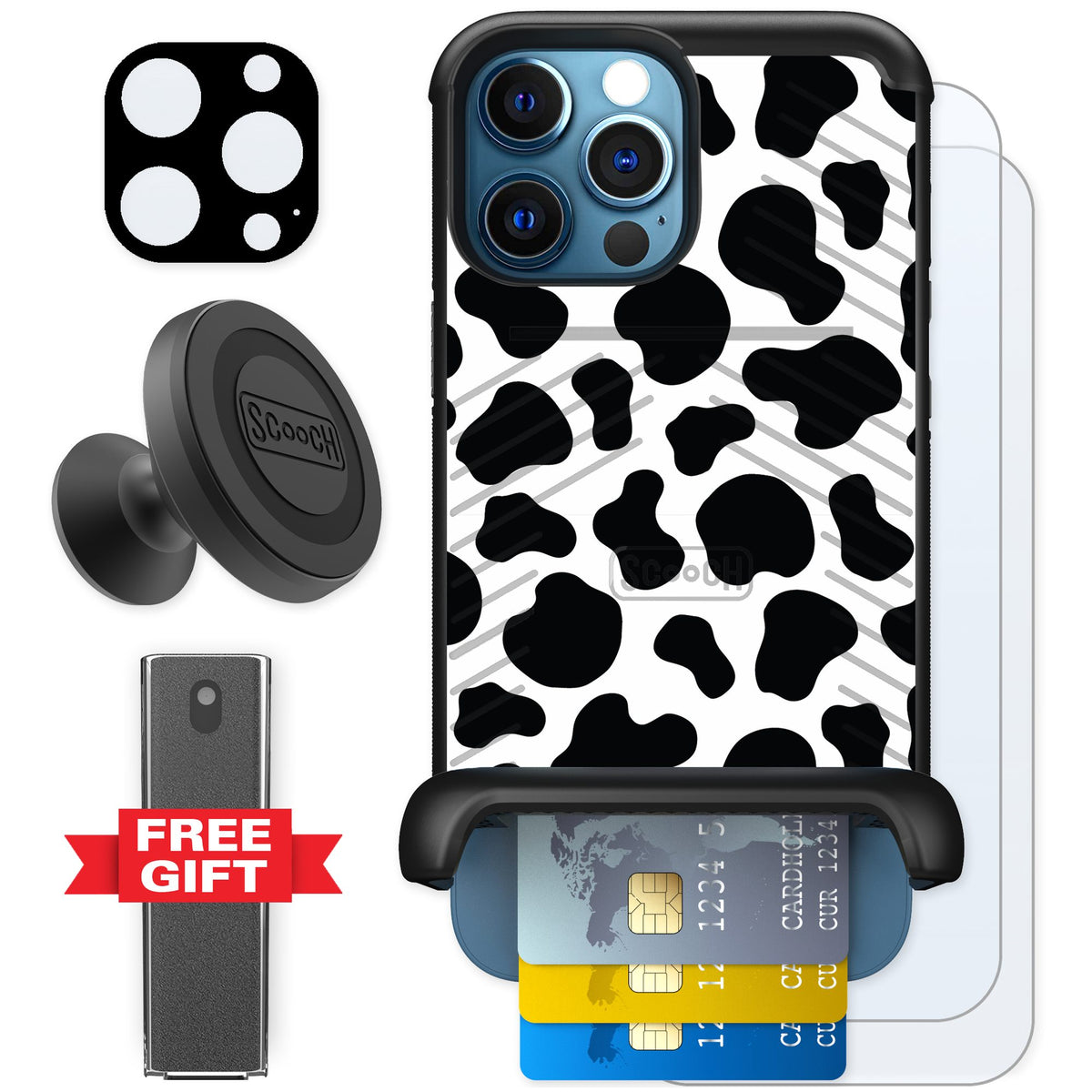 Scooch Wingmate Cow Print for iPhone 12 Pro — Defender Bundle