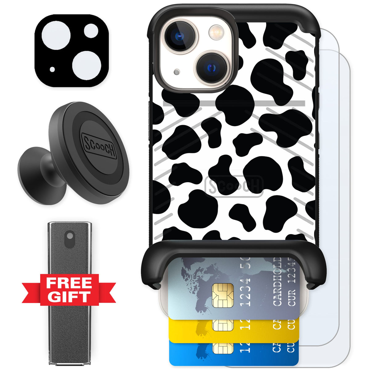 Scooch Wingmate Cow Print for iPhone 13 mini — Defender Bundle