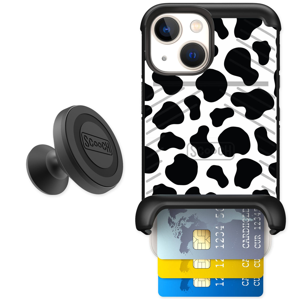 Scooch Wingmate Cow Print for iPhone 13 mini — Starter Bundle