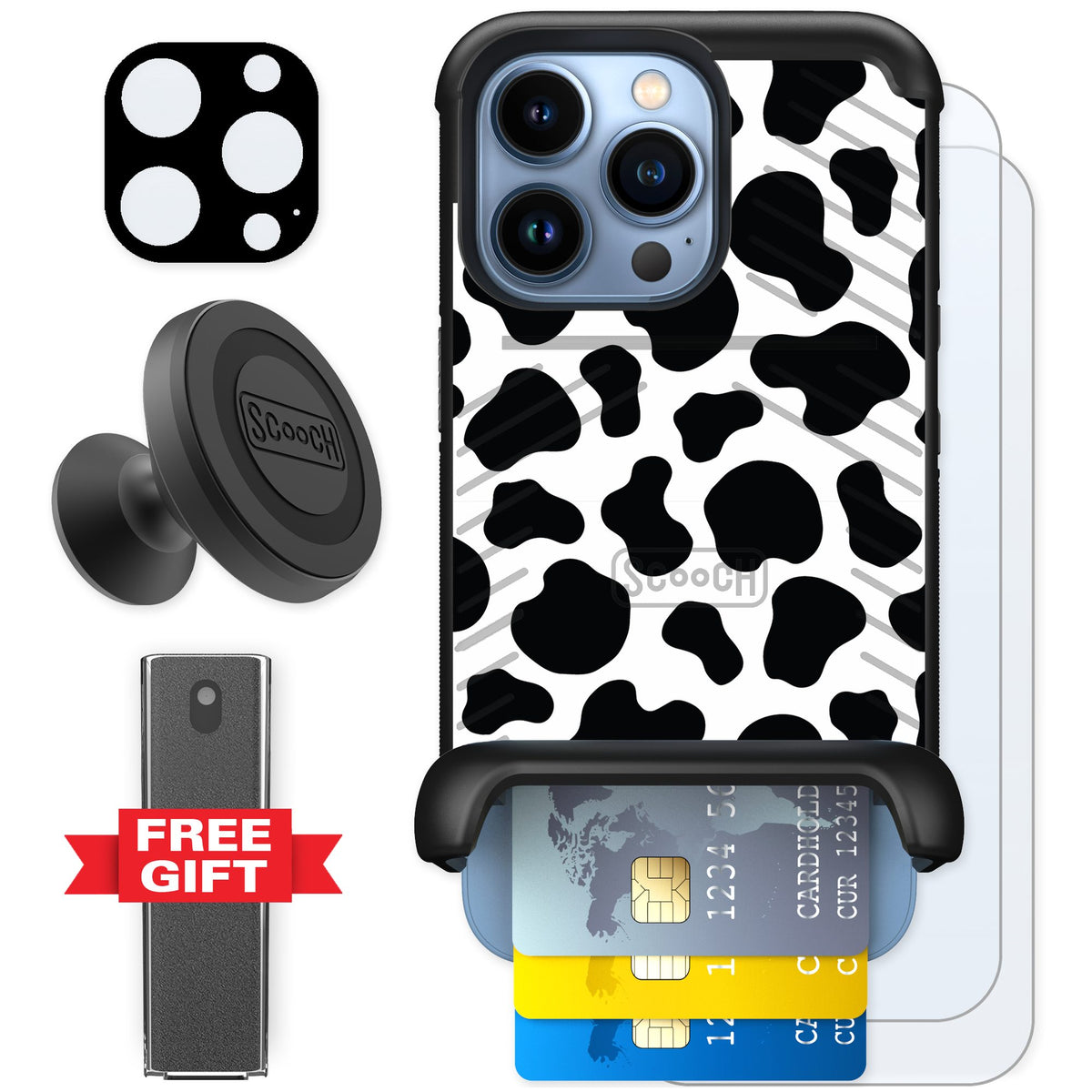 Scooch Wingmate Cow Print for iPhone 13 Pro — Defender Bundle