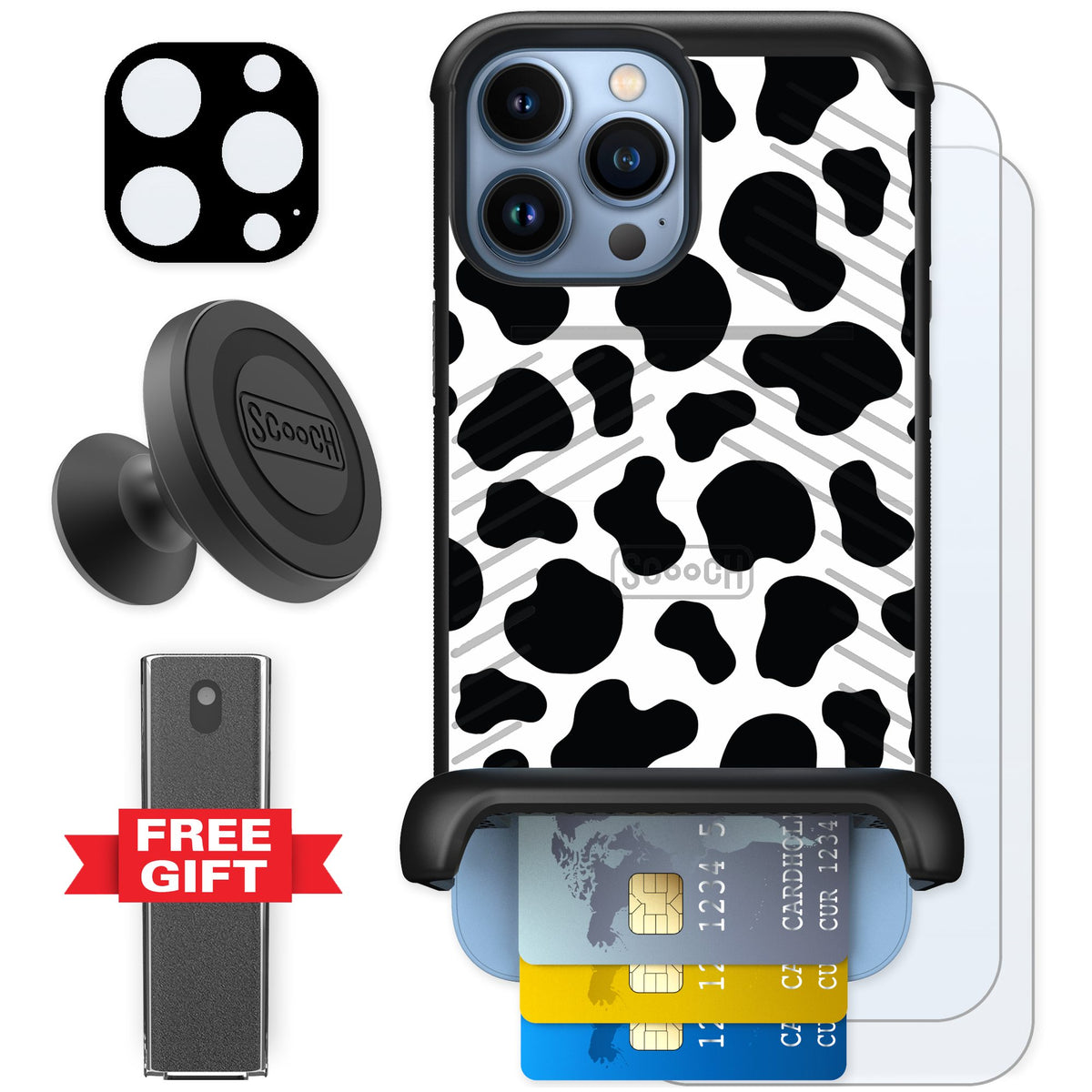 Scooch Wingmate Cow Print for iPhone 13 Pro Max — Defender Bundle