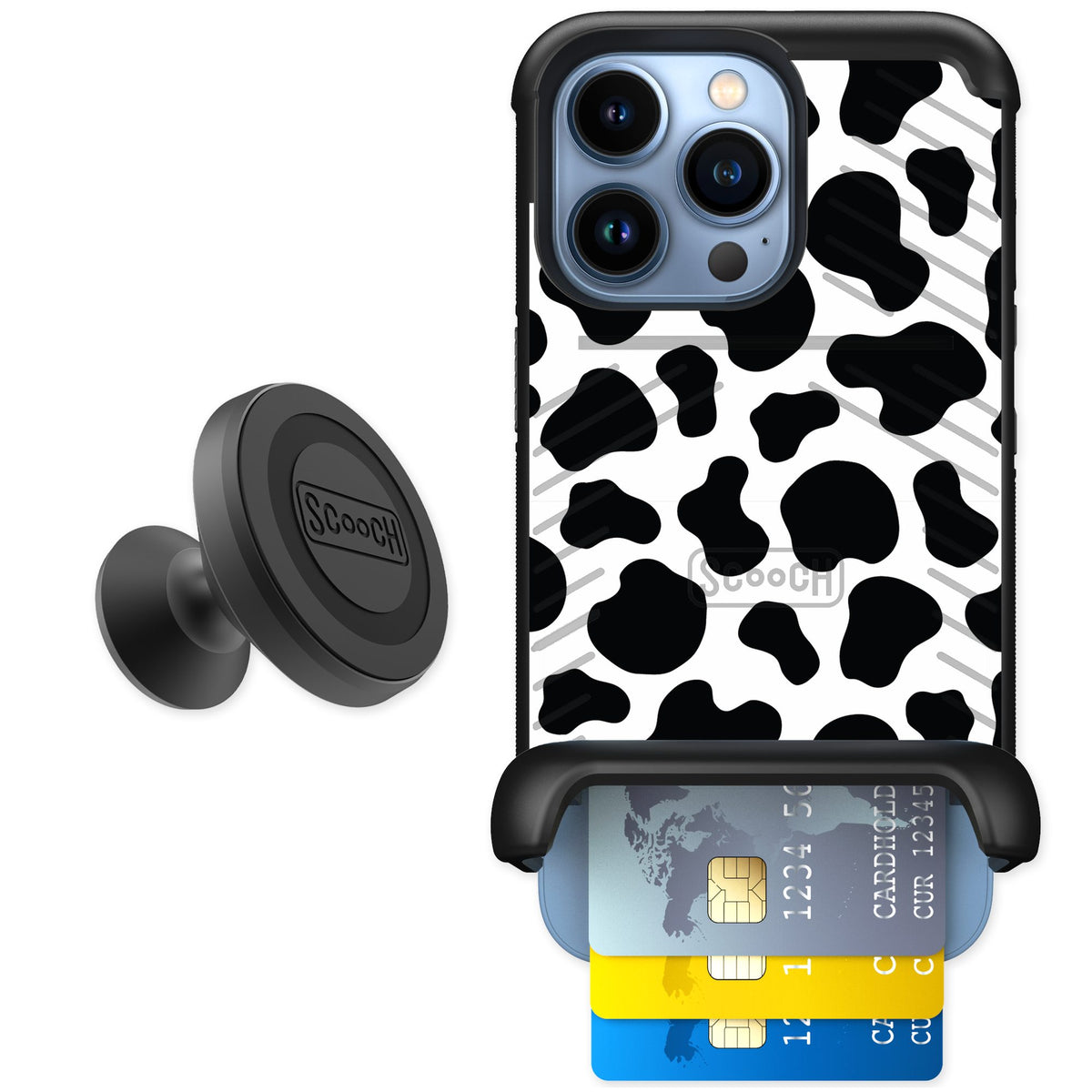 Scooch Wingmate Cow Print for iPhone 13 Pro — Starter Bundle