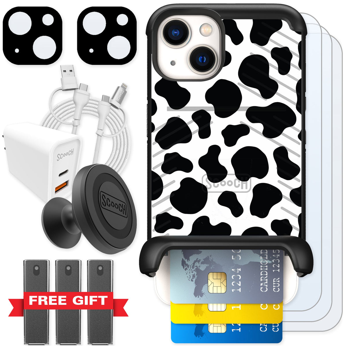 Scooch Wingmate Cow Print for iPhone 13 — Ultimate Bundle