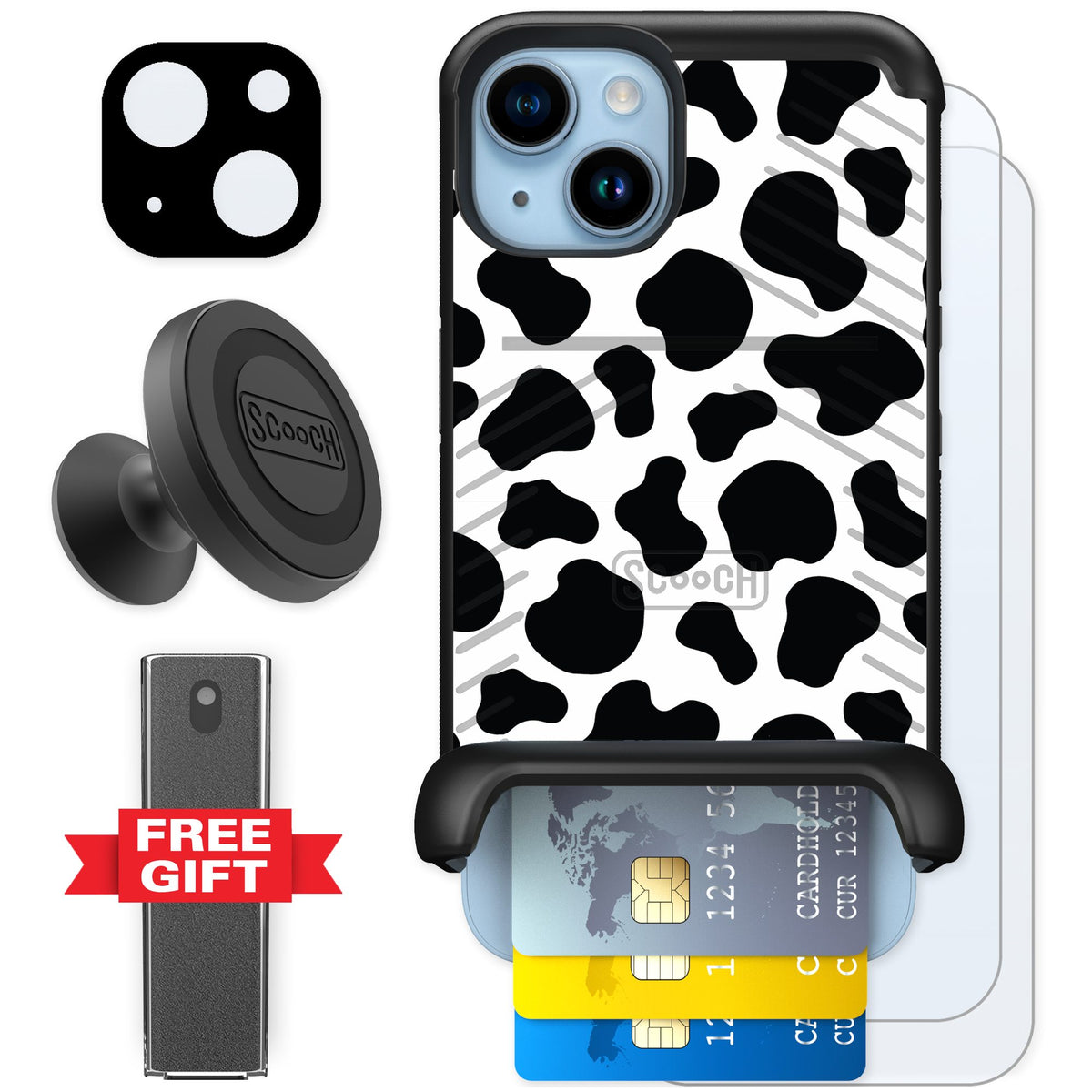 Scooch Wingmate Cow Print for iPhone 14 — Defender Bundle
