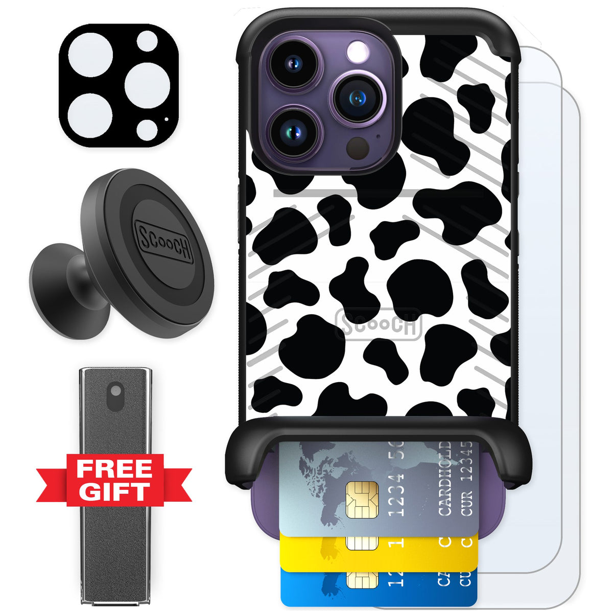 Scooch Wingmate Cow Print for iPhone 14 Pro — Defender Bundle