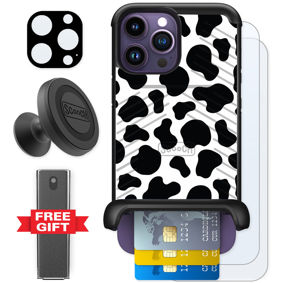 Scooch Wingmate Cow Print for iPhone 14 Pro Max — Defender Bundle