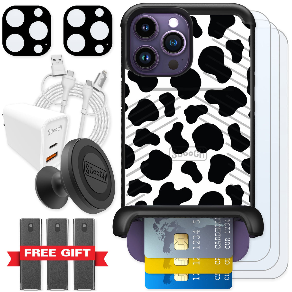 Scooch Wingmate Cow Print for iPhone 14 Pro Max — Ultimate Bundle