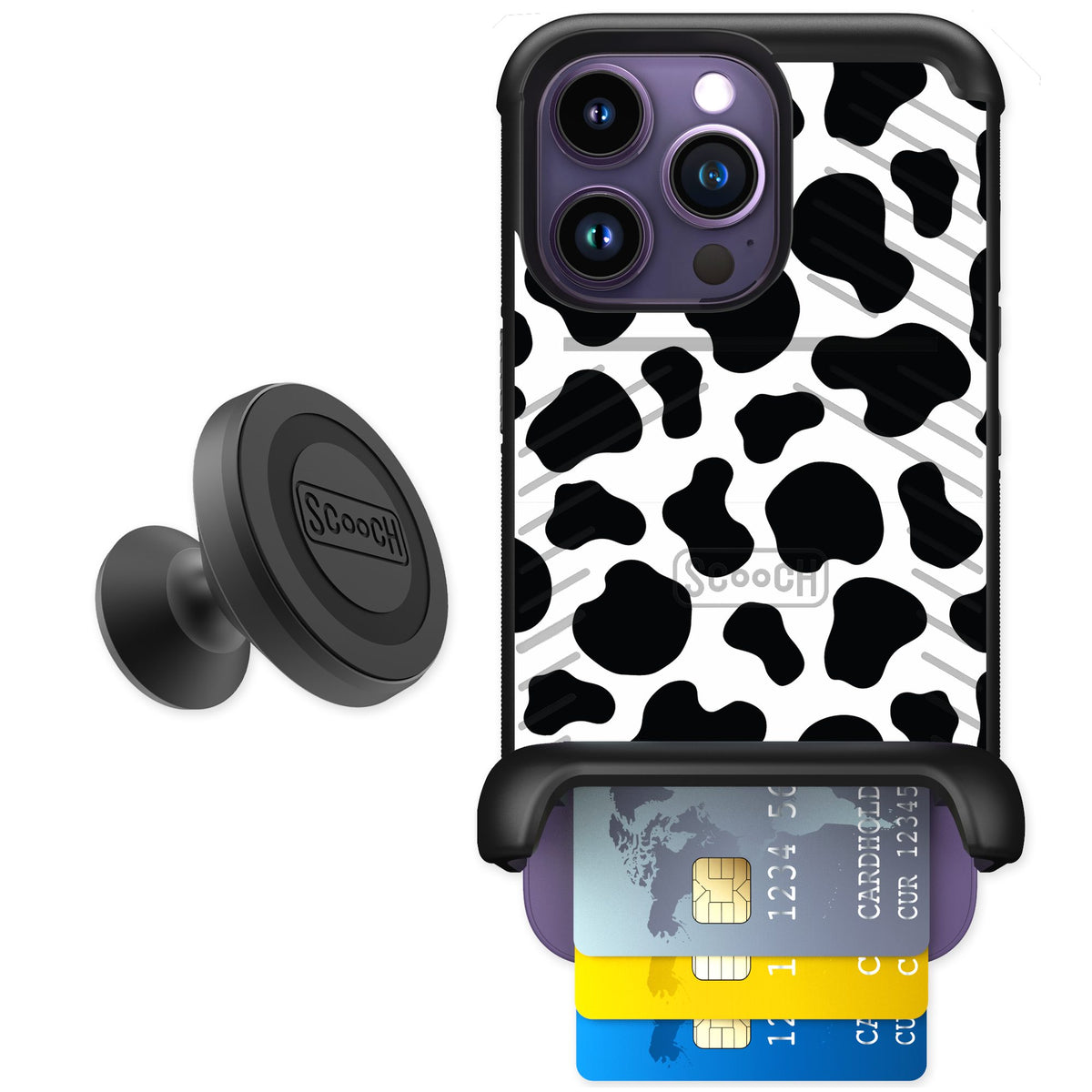 Scooch Wingmate Cow Print for iPhone 14 Pro — Starter Bundle