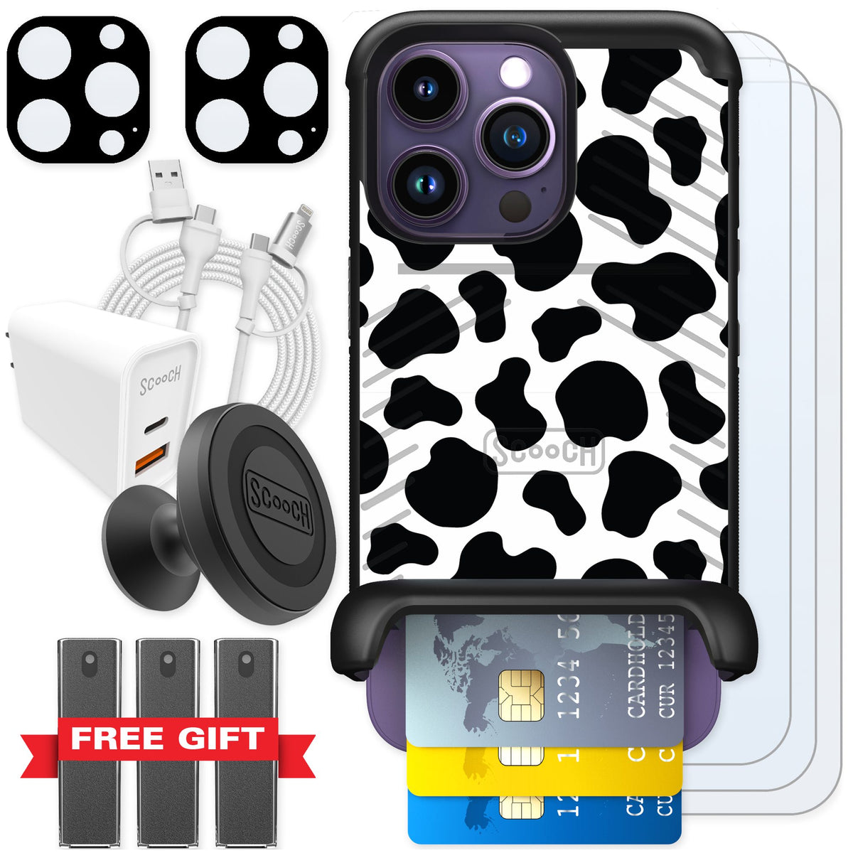 Scooch Wingmate Cow Print for iPhone 14 Pro — Ultimate Bundle