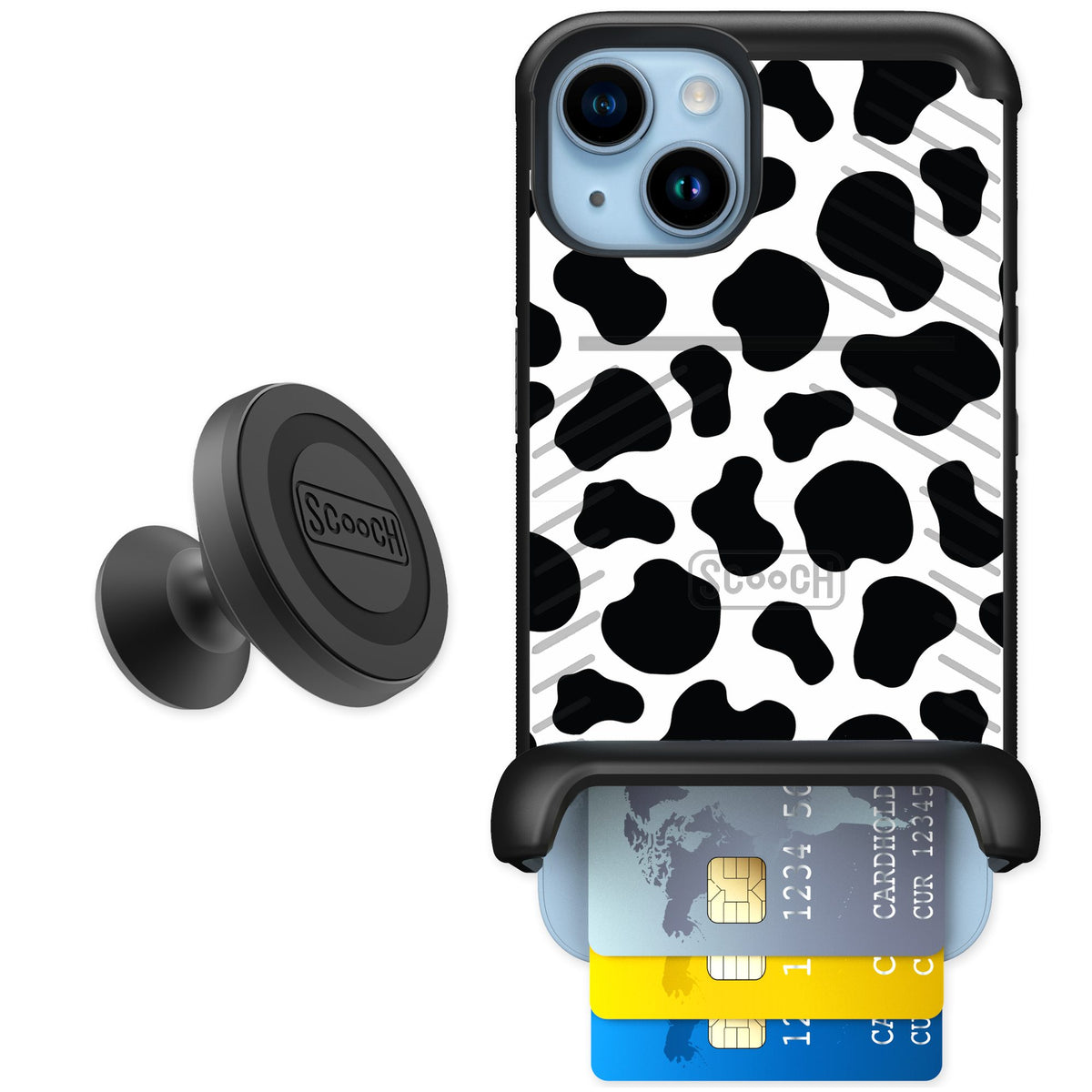 Scooch Wingmate Cow Print for iPhone 14 — Starter Bundle