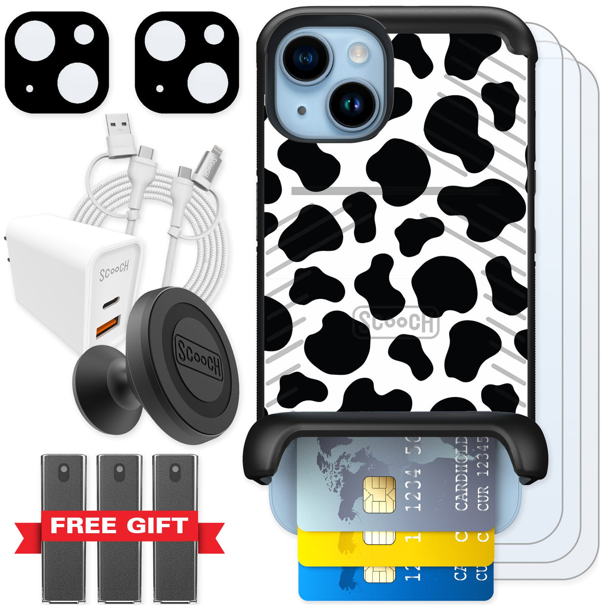 Scooch Wingmate Cow Print for iPhone 14 — Ultimate Bundle