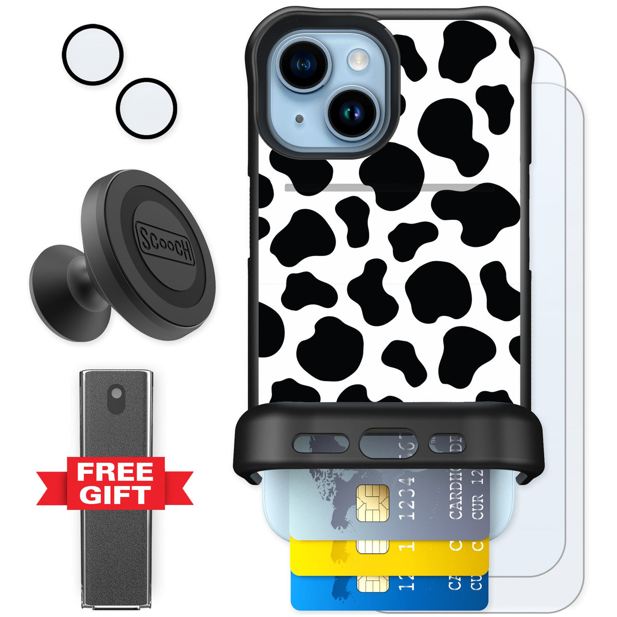Scooch Wingmate Cow Print for iPhone 15 — Defender Bundle