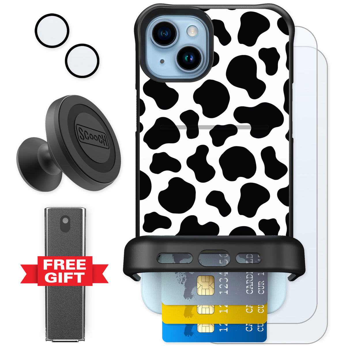 Scooch Wingmate Cow Print for iPhone 14 Plus — Defender Bundle