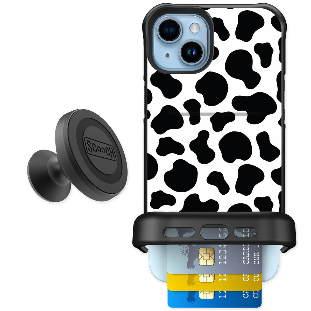 Scooch Wingmate Cow Print for iPhone 14 Plus — Starter Bundle