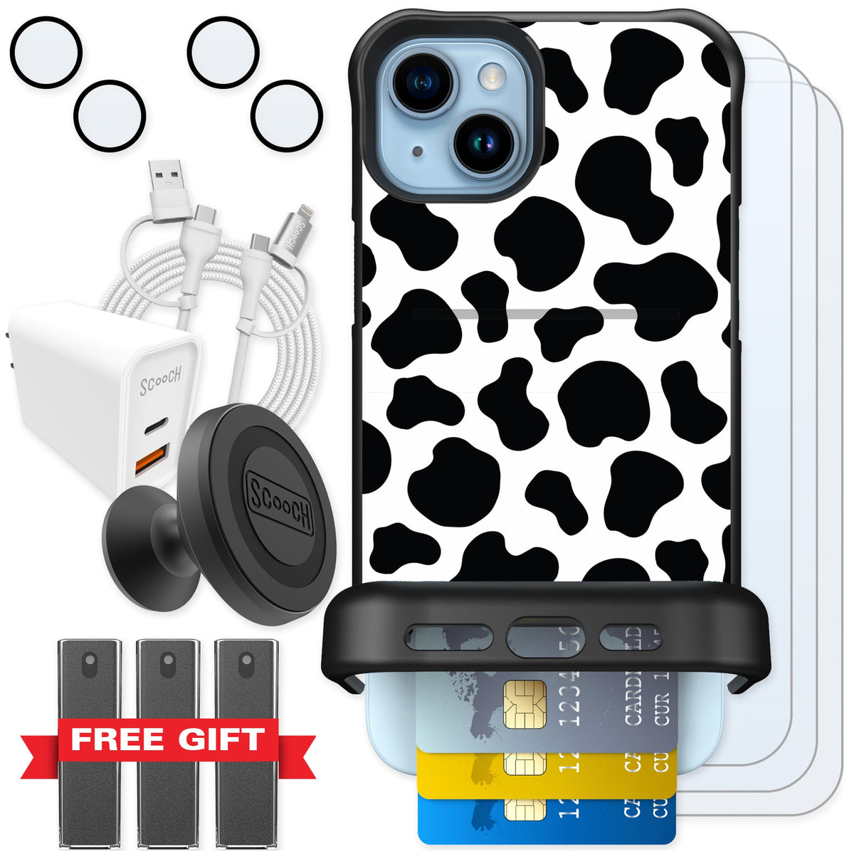 Scooch Wingmate Cow Print for iPhone 14 Plus — Ultimate Bundle