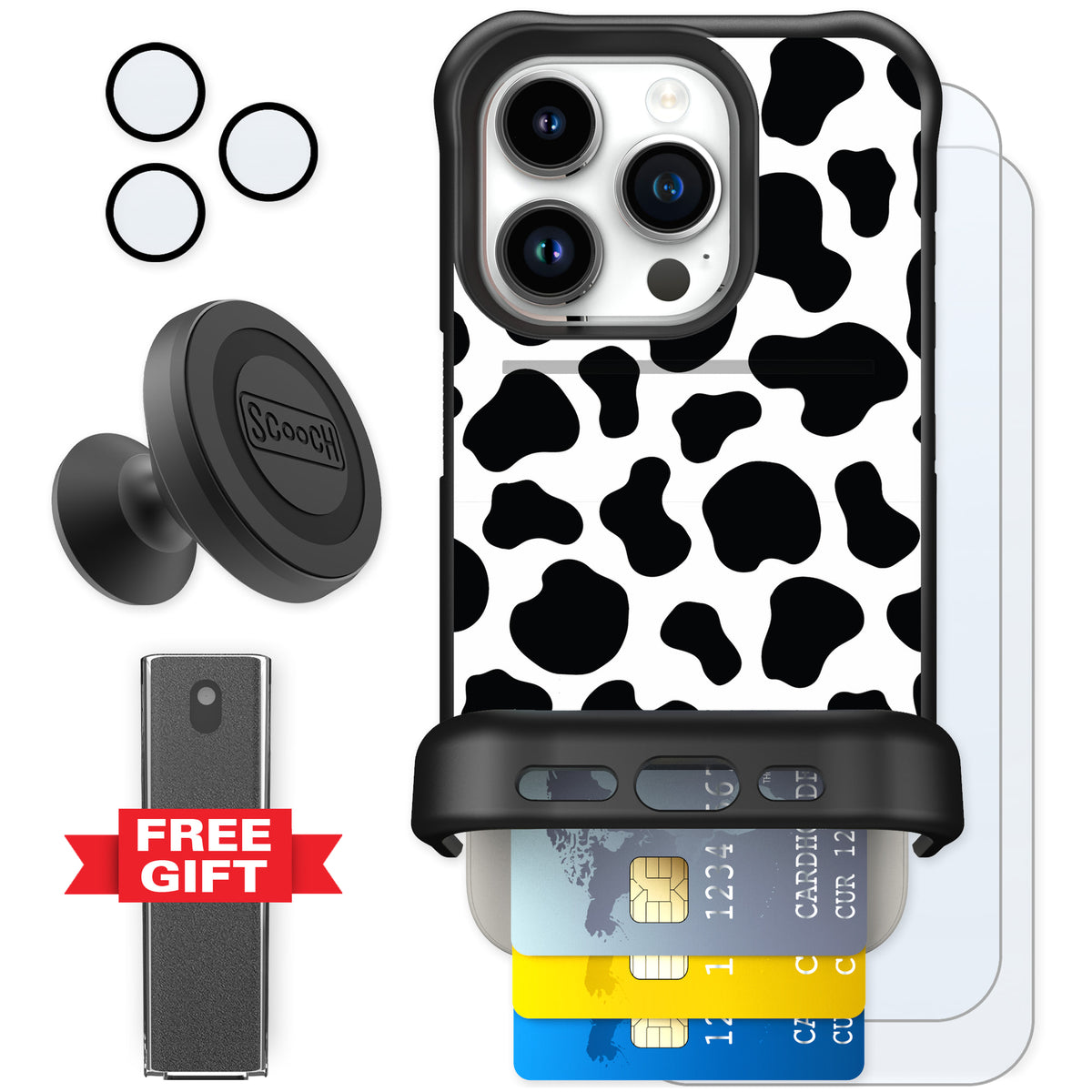 Scooch Wingmate Cow Print for iPhone 15 Pro — Defender Bundle