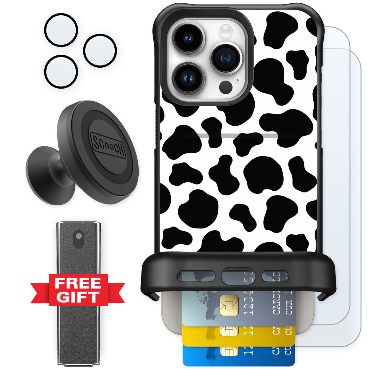 Scooch Wingmate Cow Print for iPhone 15 Pro Max — Defender Bundle