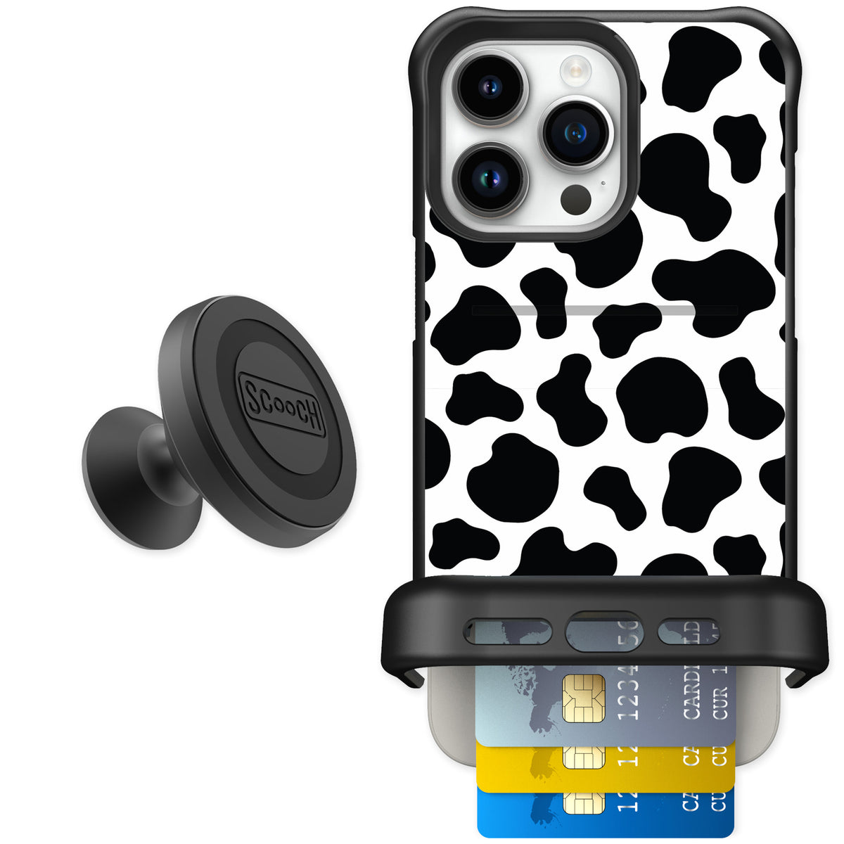 Scooch Wingmate Cow Print for iPhone 15 Pro Max — Starter Bundle