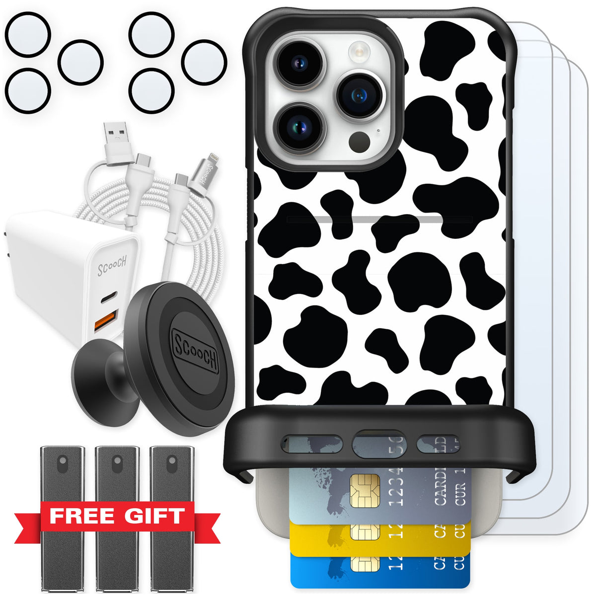 Scooch Wingmate Cow Print for iPhone 15 Pro Max — Ultimate Bundle