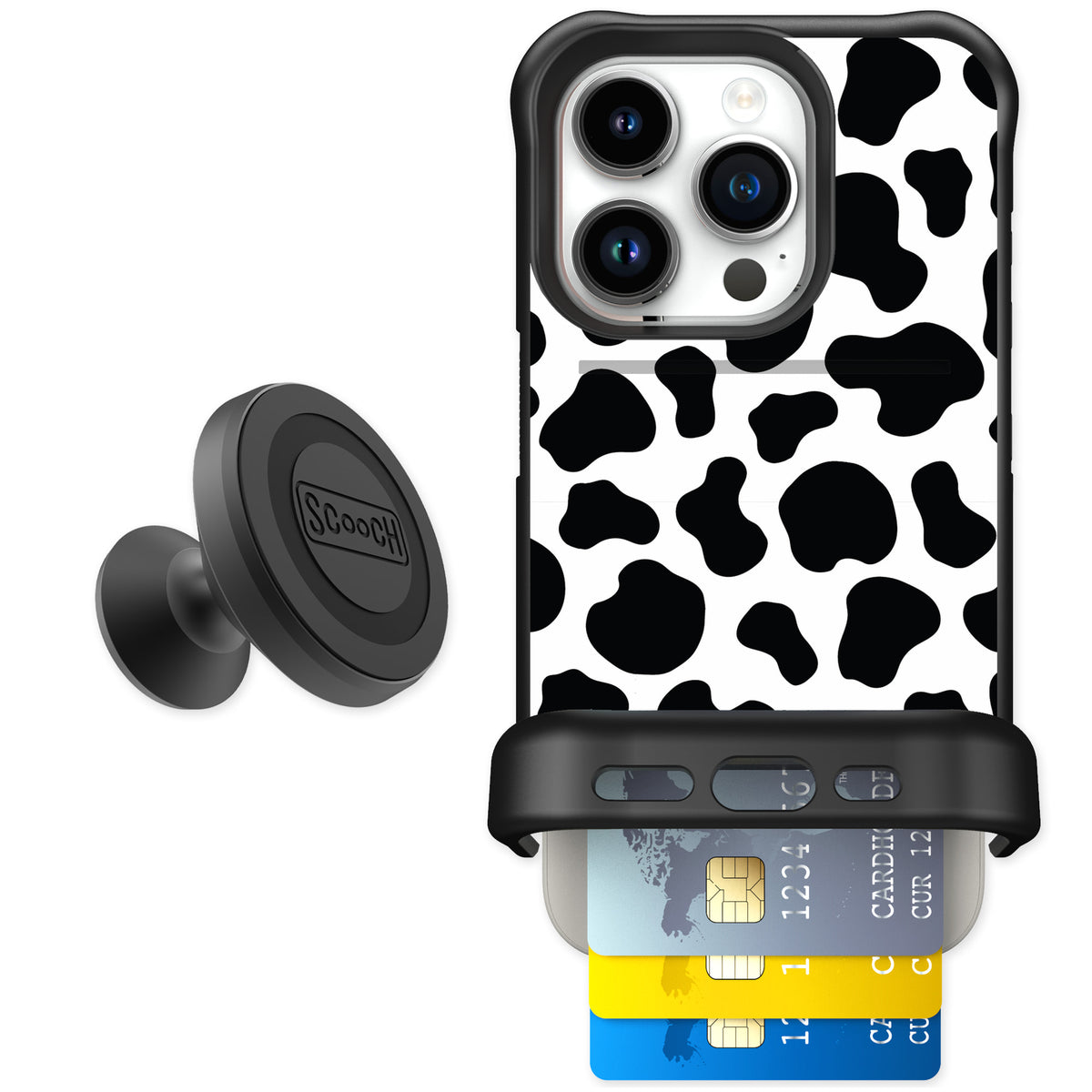 Scooch Wingmate Cow Print for iPhone 15 Pro — Starter Bundle