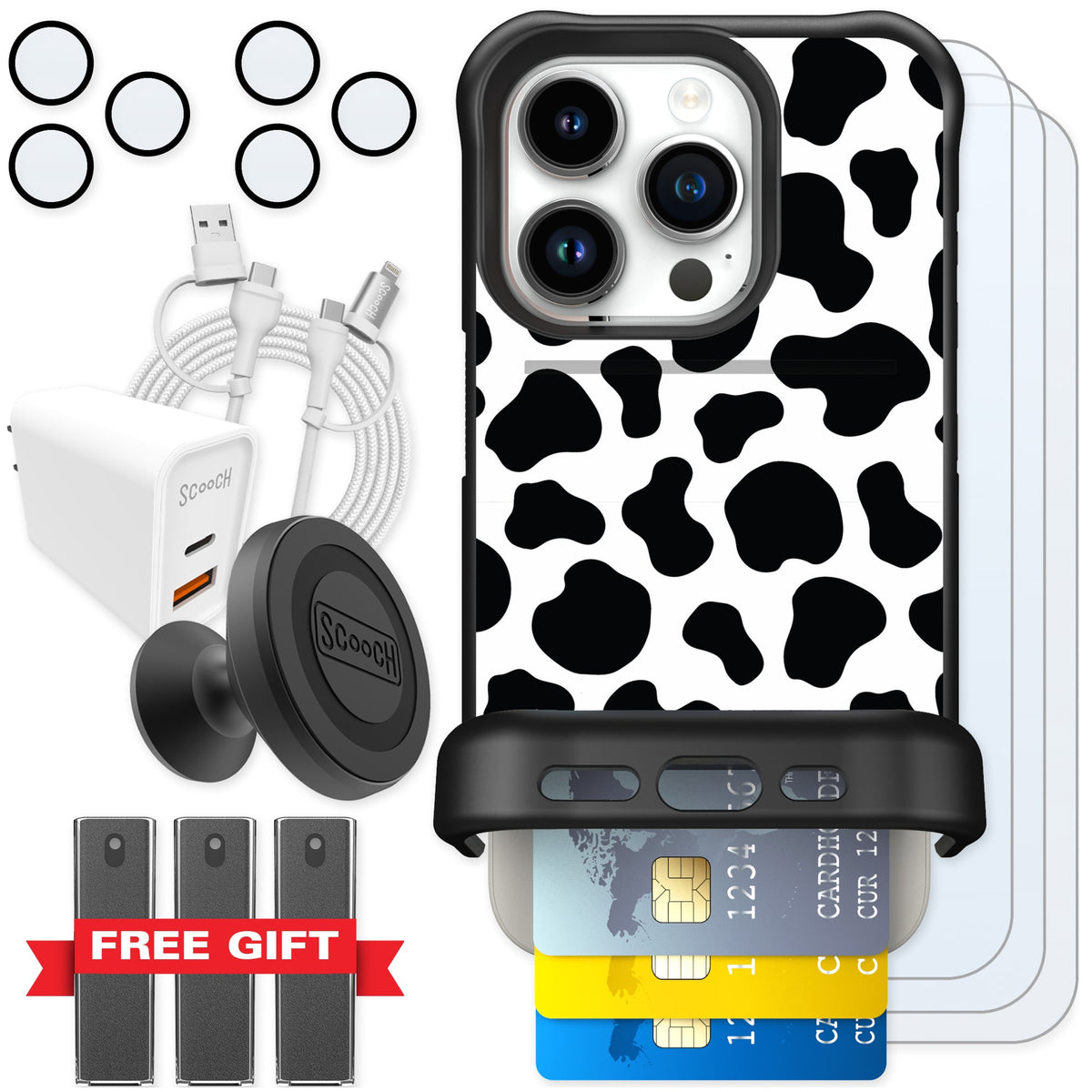 Scooch Wingmate Cow Print for iPhone 15 Pro — Ultimate Bundle