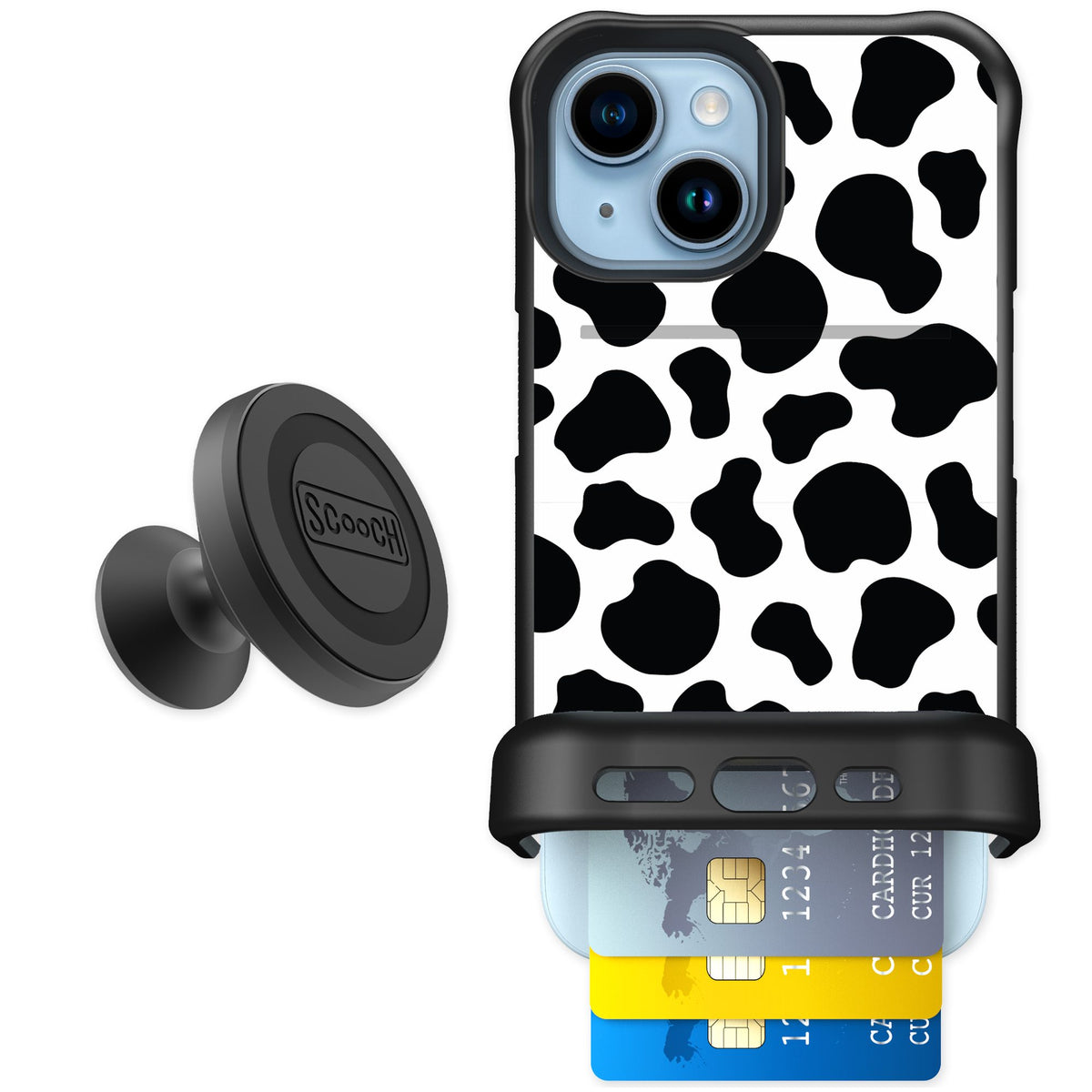 Scooch Wingmate Cow Print for iPhone 15 — Starter Bundle