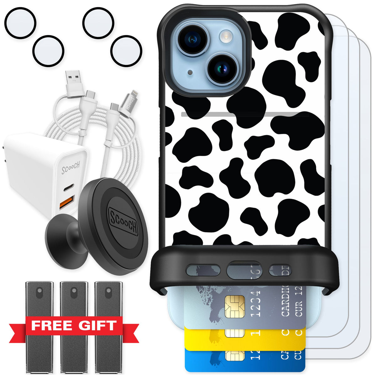Scooch Wingmate Cow Print for iPhone 15 — Ultimate Bundle