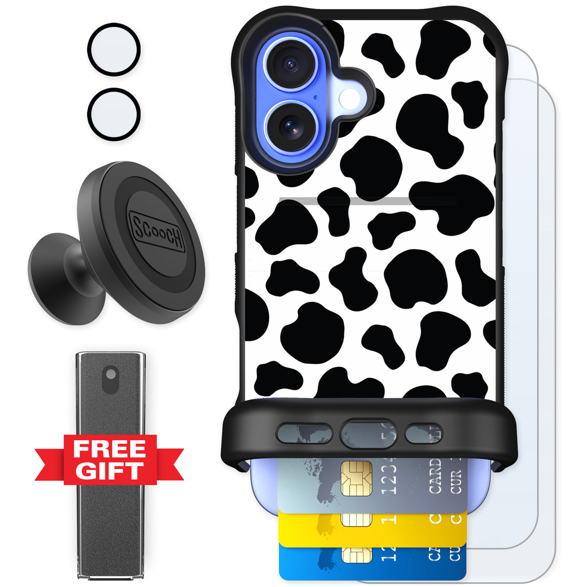 Scooch Wingmate Cow Print for iPhone 16 — Defender Bundle