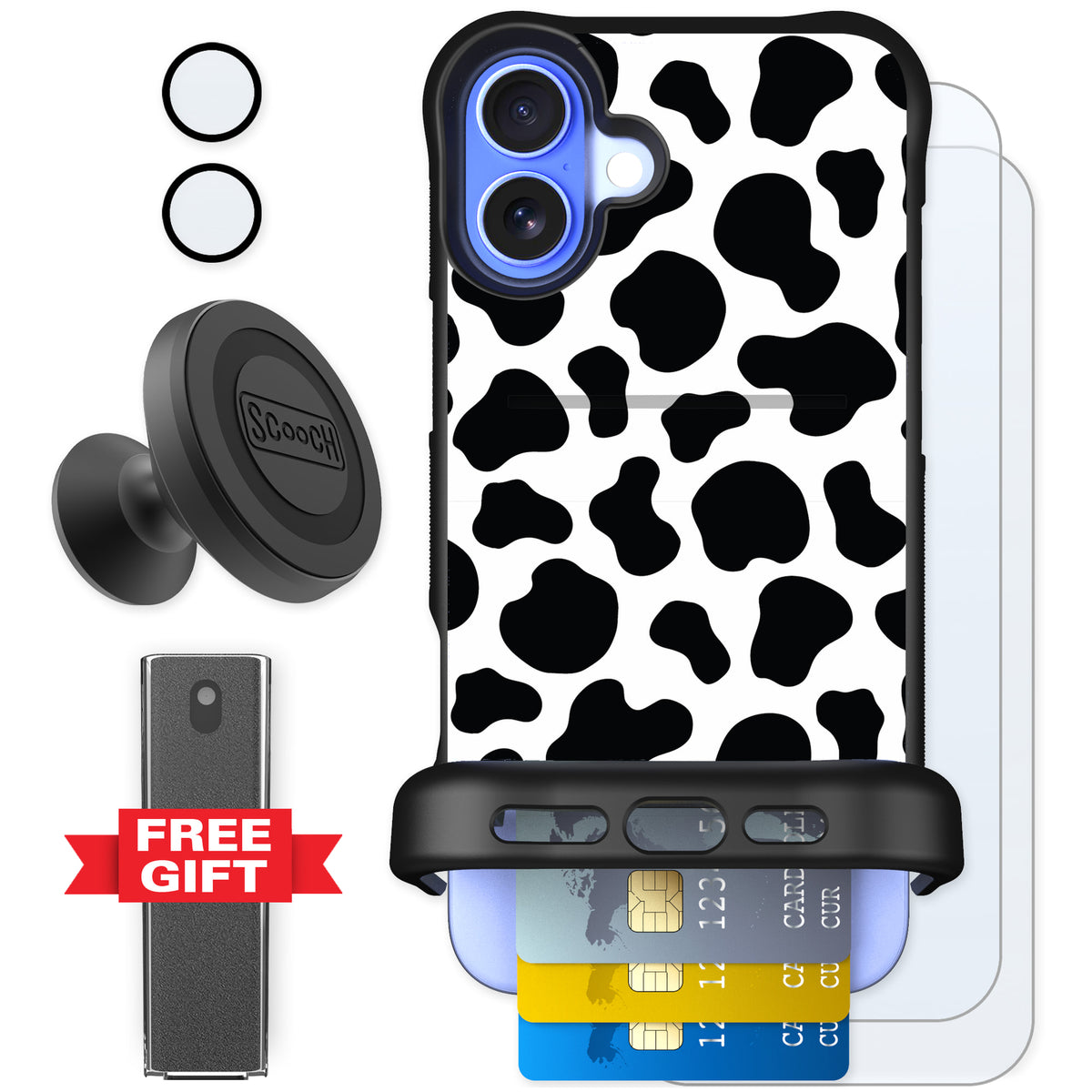 Scooch Wingmate Cow Print for iPhone 16 Plus — Defender Bundle