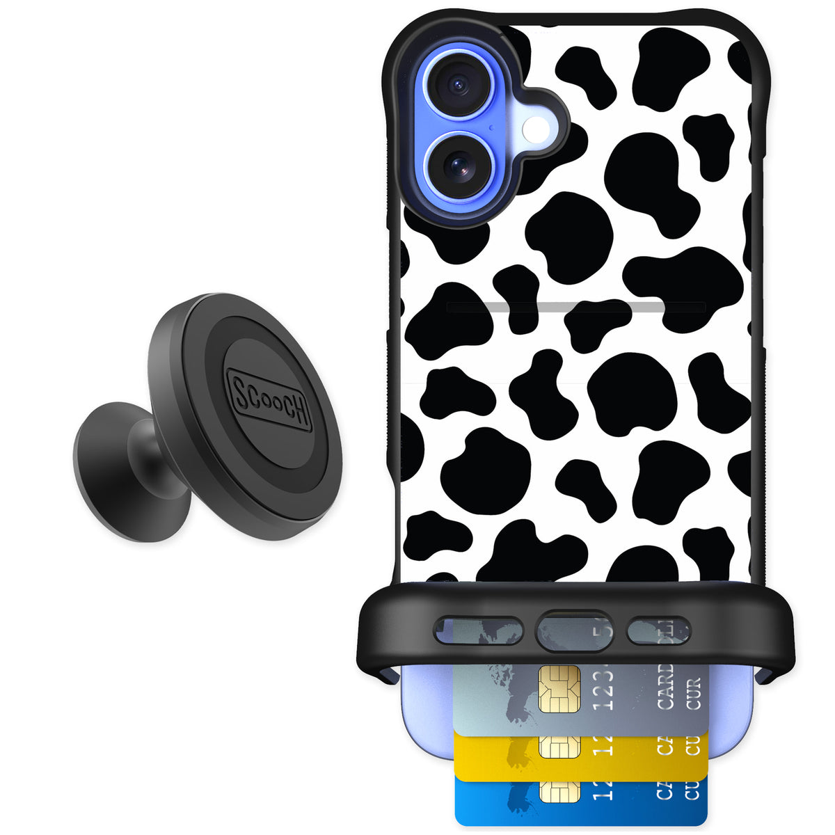 Scooch Wingmate Cow Print for iPhone 16 Plus — Starter Bundle