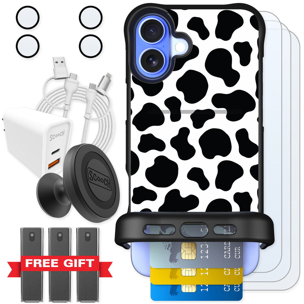 Scooch Wingmate Cow Print for iPhone 16 Plus — Ultimate Bundle